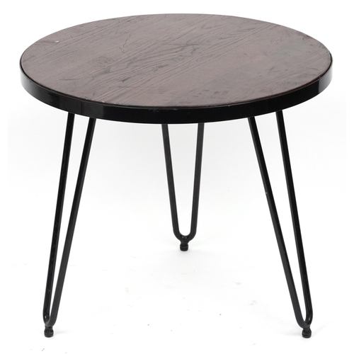 1079 - Industrial circular hardwood and wrought iron occasional table with hairpin legs, 53.5cm high x 61cm... 