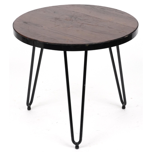 1080 - Industrial circular hardwood and wrought iron occasional table with hairpin legs, 53.5cm high x 61cm... 