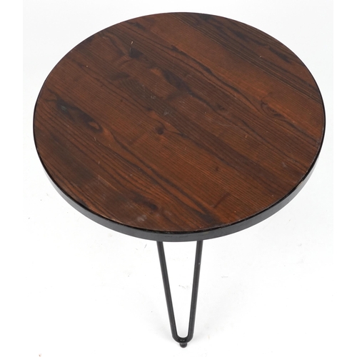 1080 - Industrial circular hardwood and wrought iron occasional table with hairpin legs, 53.5cm high x 61cm... 