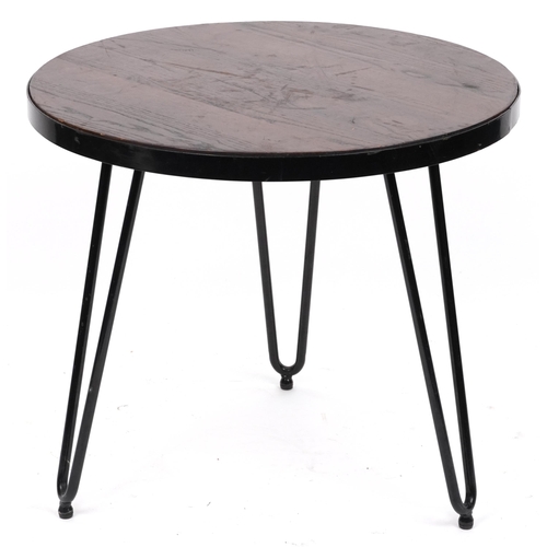 1080 - Industrial circular hardwood and wrought iron occasional table with hairpin legs, 53.5cm high x 61cm... 