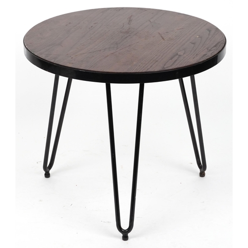 1081 - Industrial circular hardwood and wrought iron occasional table with hairpin legs, 53.5cm high x 61cm... 