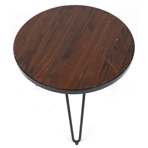 1081 - Industrial circular hardwood and wrought iron occasional table with hairpin legs, 53.5cm high x 61cm... 