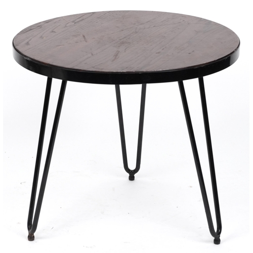 1081 - Industrial circular hardwood and wrought iron occasional table with hairpin legs, 53.5cm high x 61cm... 