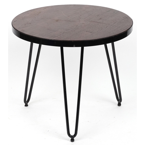 1160 - Industrial circular hardwood and wrought iron occasional table with hairpin legs, 53.5cm high x 61cm... 