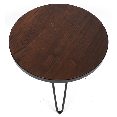 1160 - Industrial circular hardwood and wrought iron occasional table with hairpin legs, 53.5cm high x 61cm... 