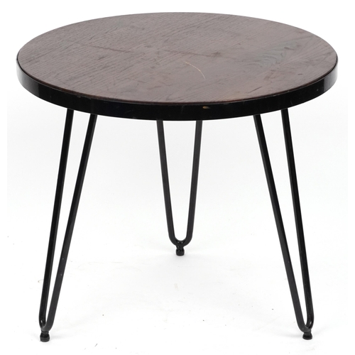 1160 - Industrial circular hardwood and wrought iron occasional table with hairpin legs, 53.5cm high x 61cm... 