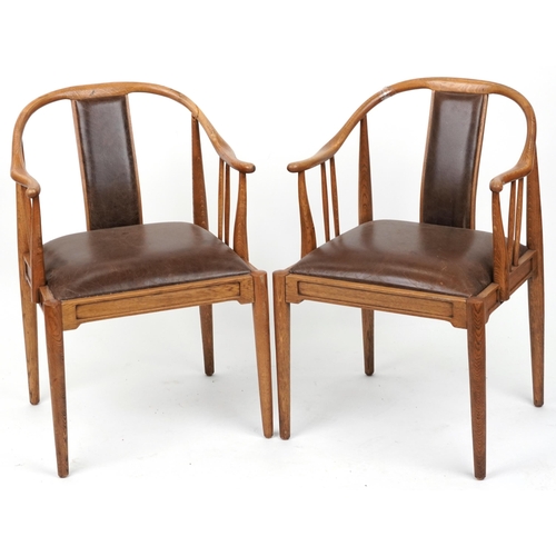 1135 - Pair of Scandinavian hardwood dining chairs with brown leather backs and seats, 78cm high