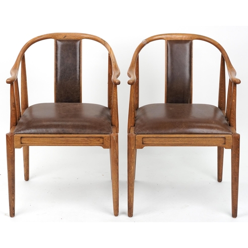 1135 - Pair of Scandinavian hardwood dining chairs with brown leather backs and seats, 78cm high