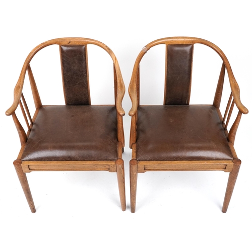 1135 - Pair of Scandinavian hardwood dining chairs with brown leather backs and seats, 78cm high