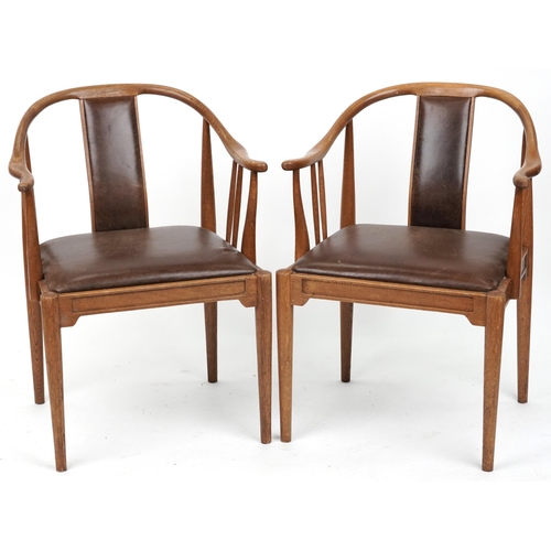 1134 - Pair of Scandinavian hardwood dining chairs with brown leather backs and seats, 78cm high