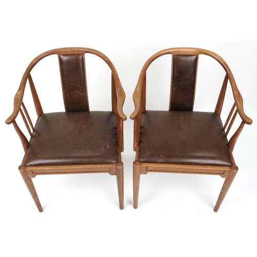 1134 - Pair of Scandinavian hardwood dining chairs with brown leather backs and seats, 78cm high