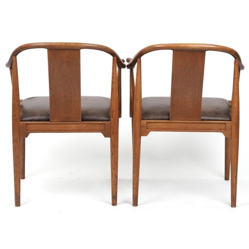 1134 - Pair of Scandinavian hardwood dining chairs with brown leather backs and seats, 78cm high