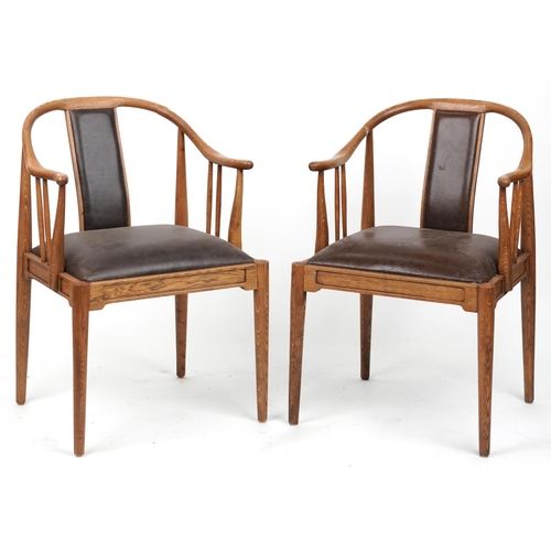 1136 - Pair of Scandinavian hardwood dining chairs with brown leather backs and seats, 78cm high