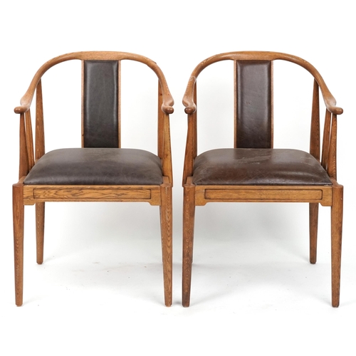 1136 - Pair of Scandinavian hardwood dining chairs with brown leather backs and seats, 78cm high