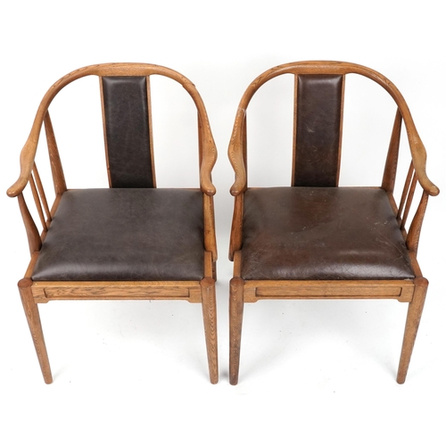 1136 - Pair of Scandinavian hardwood dining chairs with brown leather backs and seats, 78cm high