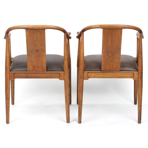 1136 - Pair of Scandinavian hardwood dining chairs with brown leather backs and seats, 78cm high