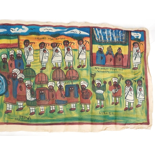 396 - Village Life, Ethiopian school painting on unstretched canvas, 175cm x 64cm