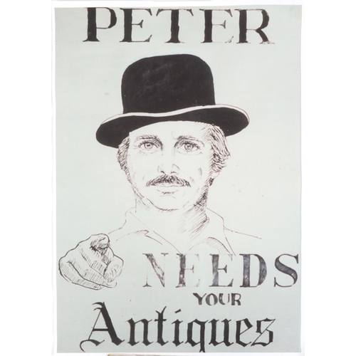 942 - Peter Needs your Antiques Antiques advertising printed sign with newspaper cutting to the reverse, u... 