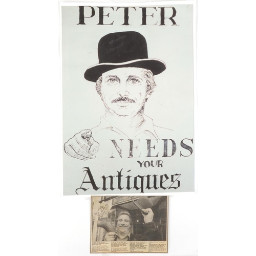 942 - Peter Needs your Antiques Antiques advertising printed sign with newspaper cutting to the reverse, u... 