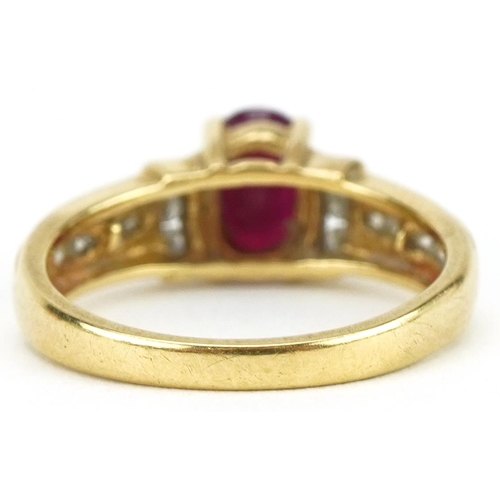 2056 - 18ct gold ruby and diamond ring, total diamond weight approximately 0.20 carat, size J, 3.1g