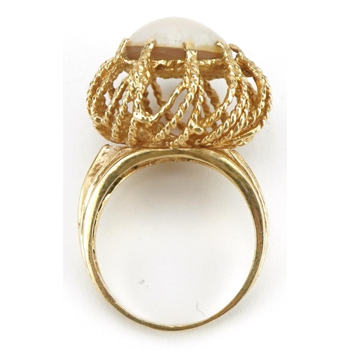 2014 - Large 14ct gold cultured pearl ring with openwork setting, size Q, 9.8g