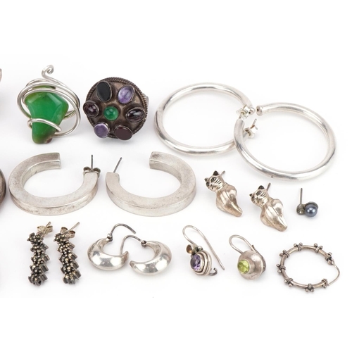 2597 - Silver jewellery including pairs of hoop earrings, some Mexican, multi gem ring and a large rock cry... 