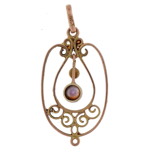 2171 - Edwardian 9ct gold amethyst and seed pearl openwork pendant, 3.2cm high, 1.4g