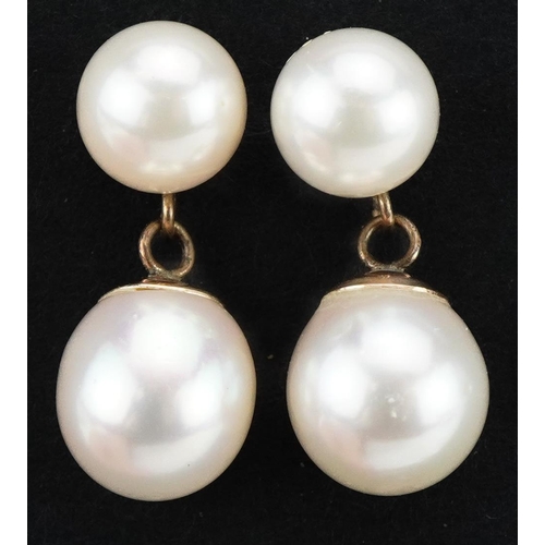 2115 - Pair of unmarked gold cultured pearl drop earrings, 2cm high, 3.0g