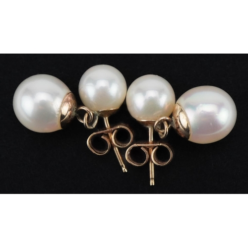 2115 - Pair of unmarked gold cultured pearl drop earrings, 2cm high, 3.0g