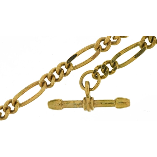 2094 - Gold plated Figaro link watch chain with T bar and dog clip, 48cm in length, 25.8g