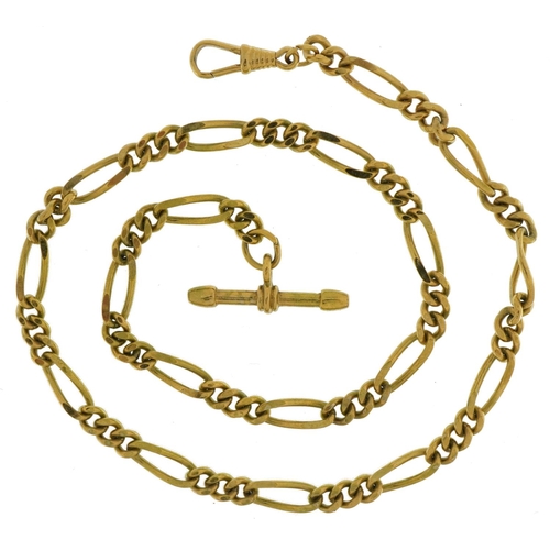 2094 - Gold plated Figaro link watch chain with T bar and dog clip, 48cm in length, 25.8g