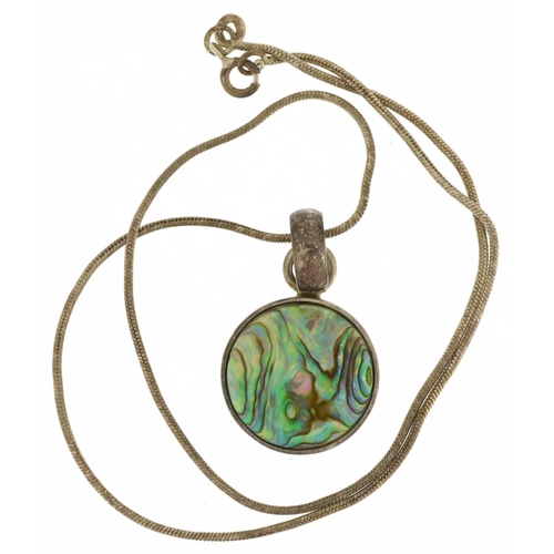 2578 - Silver abalone pendant on silver necklace, 3.8cm high and 40cm in length, 12.0g