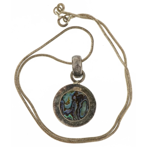 2578 - Silver abalone pendant on silver necklace, 3.8cm high and 40cm in length, 12.0g