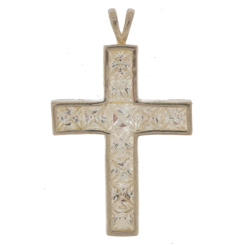 2144 - Large silver cubic zirconia cross pendant, 4.5cm high, 8.6g