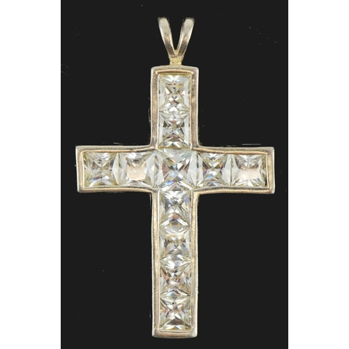 2144 - Large silver cubic zirconia cross pendant, 4.5cm high, 8.6g