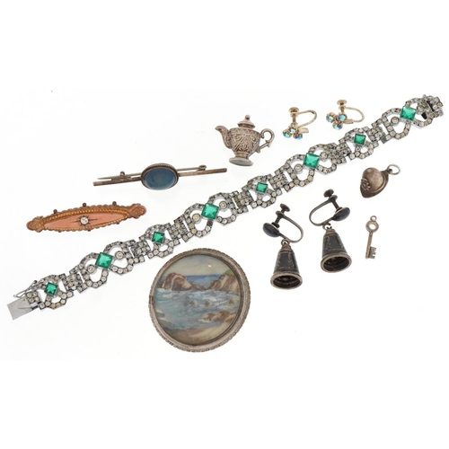 2594 - Antique and later jewellery including a circular brooch hand painted with a coastal scene, Art Deco ... 