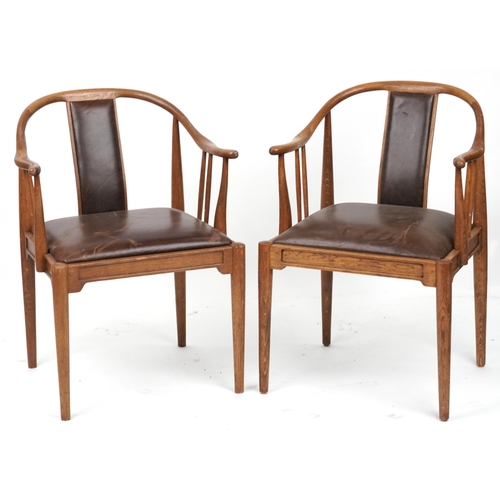 1137 - Pair of Scandinavian hardwood dining chairs with brown leather backs and seats, 78cm high