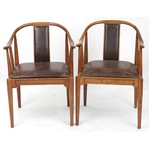 1137 - Pair of Scandinavian hardwood dining chairs with brown leather backs and seats, 78cm high