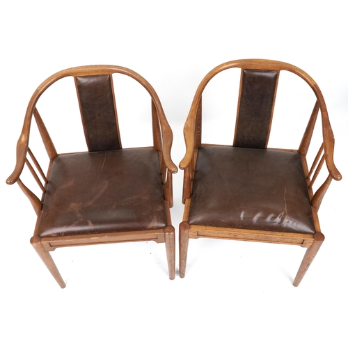 1137 - Pair of Scandinavian hardwood dining chairs with brown leather backs and seats, 78cm high