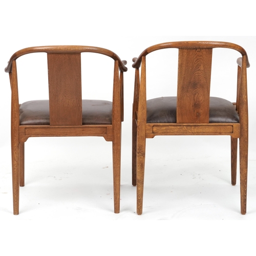 1137 - Pair of Scandinavian hardwood dining chairs with brown leather backs and seats, 78cm high