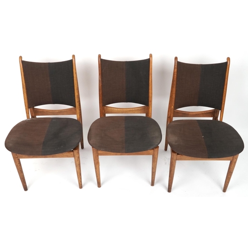 1140 - Three Scandinavian design hardwood chairs with fabric backs and seats, 89cm high