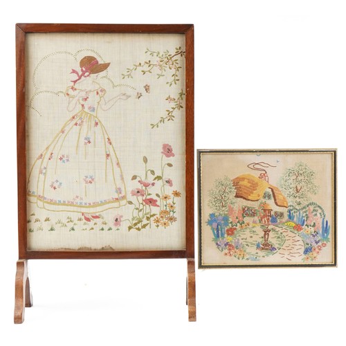 1726 - Mahogany fire screen housing an embroidery panel of female wearing a crinoline dress and a framed em... 