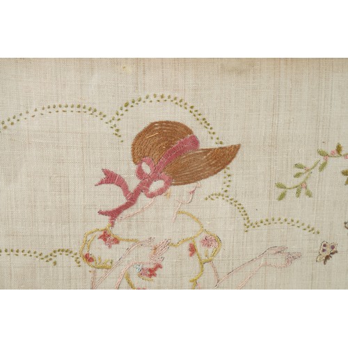 1726 - Mahogany fire screen housing an embroidery panel of female wearing a crinoline dress and a framed em... 