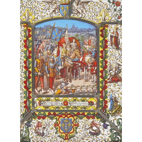 38 - Arts & Crafts Pre-Raphaelite leaded stained glass panel hand painted with Joan of Arc, housed in an ... 
