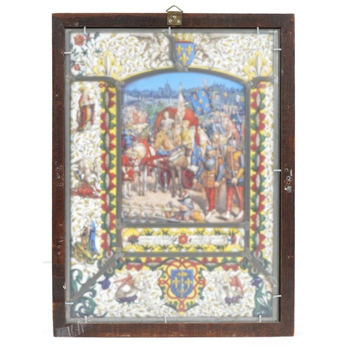 38 - Arts & Crafts Pre-Raphaelite leaded stained glass panel hand painted with Joan of Arc, housed in an ... 