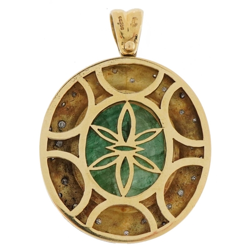 2019 - 18ct gold hand carved emerald and diamond pendant, total emerald weight approximately 22 carat, 4.5c... 