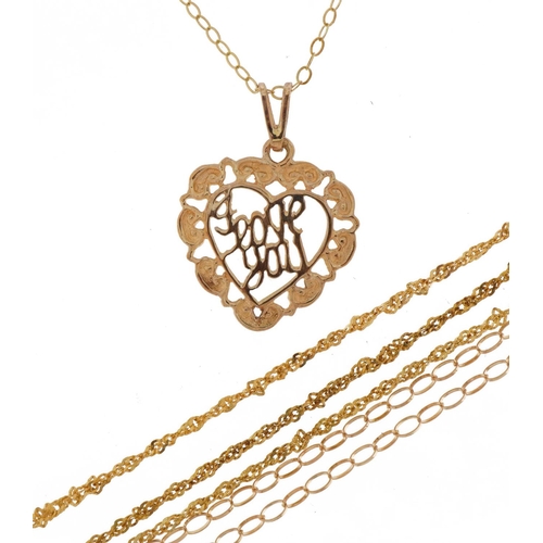 2585 - 9ct gold jewellery comprising three necklaces, I love you love heart pendant and bracelet, total 3.9... 