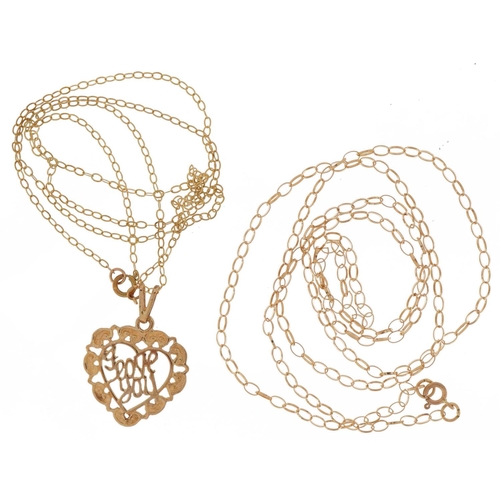 2585 - 9ct gold jewellery comprising three necklaces, I love you love heart pendant and bracelet, total 3.9... 