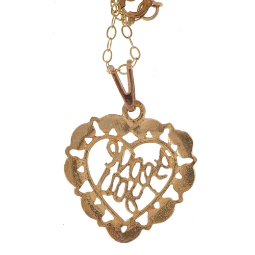 2585 - 9ct gold jewellery comprising three necklaces, I love you love heart pendant and bracelet, total 3.9... 