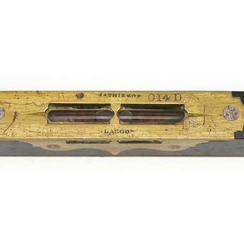 289 - Victorian rosewood and brass spirit level by Mathieson of Glasgow numbered 014, 25.5cm in length